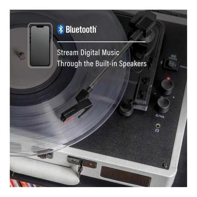 Alt view image 4 of 4 - CR8005DP-WF Cruiser Plus Vintage 3-Speed Bluetooth in/Out Suitcase Vinyl Record Player Turntable, White Farmhouse