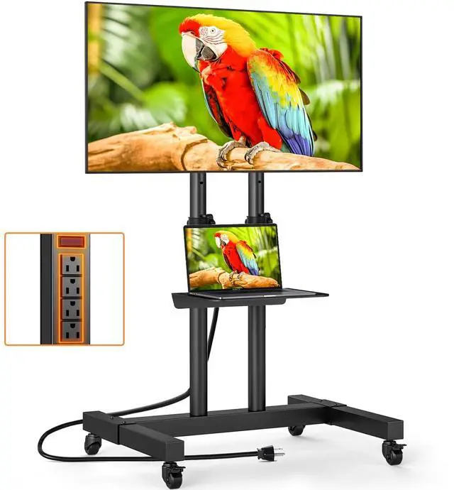 Main image of Heavy Duty Rolling TV Stand with Power Outlet for 32-83 Inch TVs, Height Adjustable Mobile TV Cart on Wheels Holds up to 110 lbs, Outdoor TV Stand Trolley, Max VESA 600x400mm