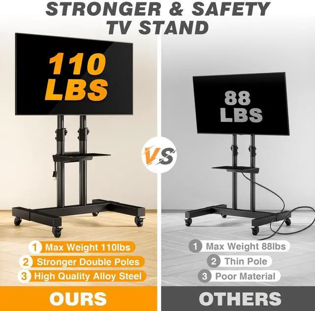 Alt view image 2 of 4 - Heavy Duty Rolling TV Stand with Power Outlet for 32-83 Inch TVs, Height Adjustable Mobile TV Cart on Wheels Holds up to 110 lbs, Outdoor TV Stand Trolley, Max VESA 600x400mm