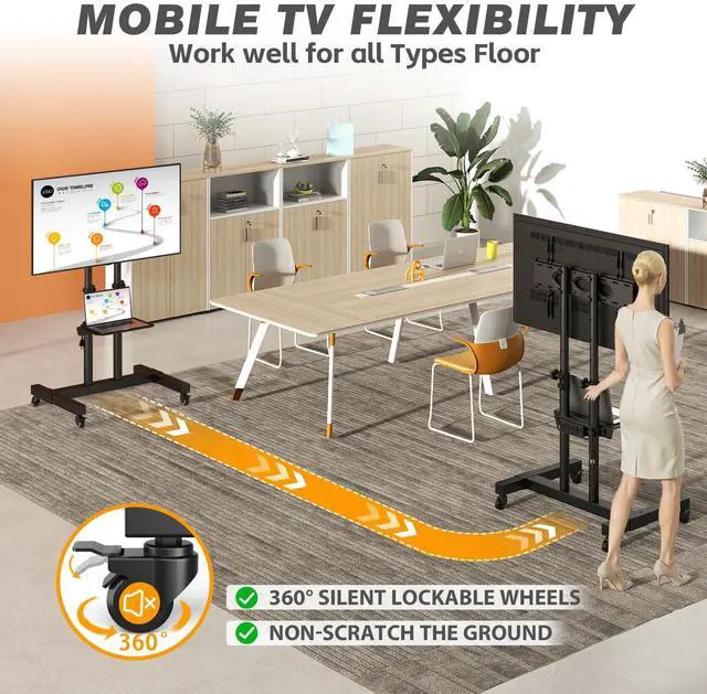 Alt view image 3 of 4 - Heavy Duty Rolling TV Stand with Power Outlet for 32-83 Inch TVs, Height Adjustable Mobile TV Cart on Wheels Holds up to 110 lbs, Outdoor TV Stand Trolley, Max VESA 600x400mm