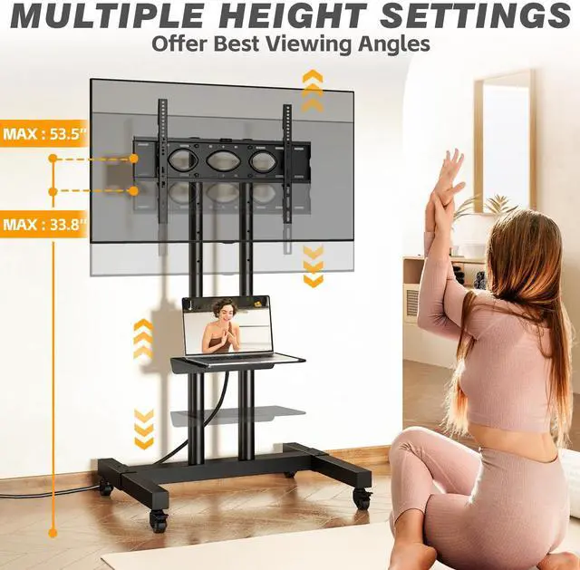 Alt view image 4 of 4 - Heavy Duty Rolling TV Stand with Power Outlet for 32-83 Inch TVs, Height Adjustable Mobile TV Cart on Wheels Holds up to 110 lbs, Outdoor TV Stand Trolley, Max VESA 600x400mm