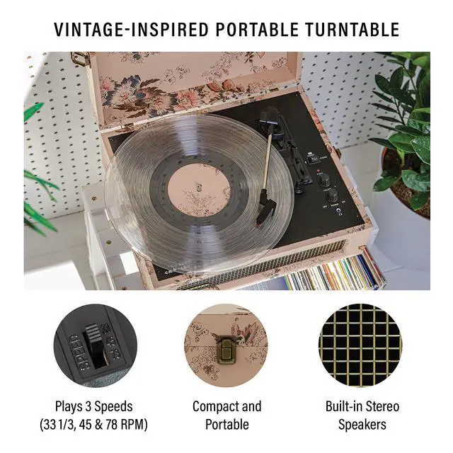 Alt view image 2 of 4 - CR8017B-FL Voyager Vintage Portable Vinyl Record Player Turntable with Bluetooth in/Out and Built-in Speakers, Floral