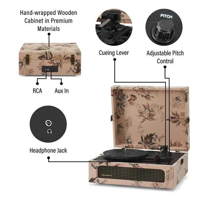 Alt view image 3 of 4 - CR8017B-FL Voyager Vintage Portable Vinyl Record Player Turntable with Bluetooth in/Out and Built-in Speakers, Floral