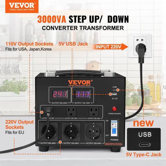 Alt view image 2 of 4 - Voltage Converter Transformer, 3000W, Heavy Duty Step Up/Down Transformer, Convert from 110 Volt to 220 Volt and from 220 Volt to 110 Volt, with US Outlet EU Outlet 5V USB Port, CE Certified