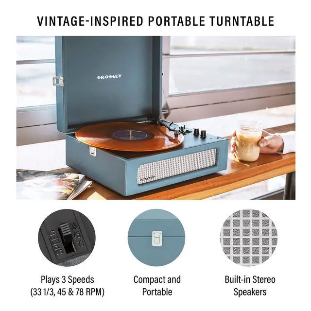 Alt view image 2 of 4 - CR8017B-WB Voyager Vintage Portable Vinyl Record Player Turntable with Bluetooth in/Out and Built-in Speakers, Washed Blue