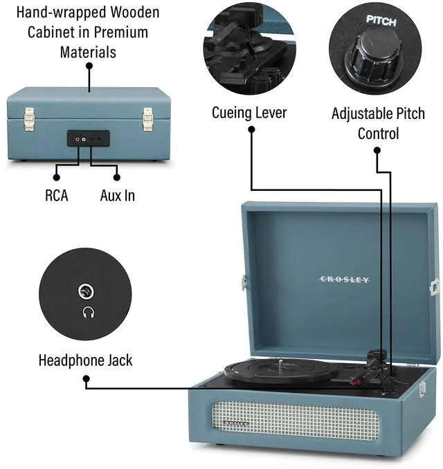 Alt view image 3 of 4 - CR8017B-WB Voyager Vintage Portable Vinyl Record Player Turntable with Bluetooth in/Out and Built-in Speakers, Washed Blue