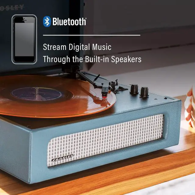 Alt view image 4 of 4 - CR8017B-WB Voyager Vintage Portable Vinyl Record Player Turntable with Bluetooth in/Out and Built-in Speakers, Washed Blue
