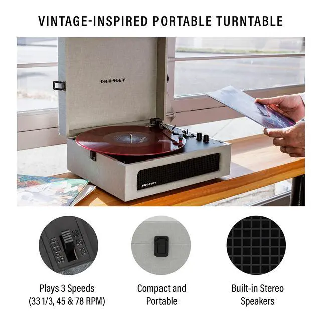 Alt view image 2 of 4 - CR8017B-GY Voyager Vintage Portable Vinyl Record Player Turntable with Bluetooth in/Out and Built-in Speakers, Gray