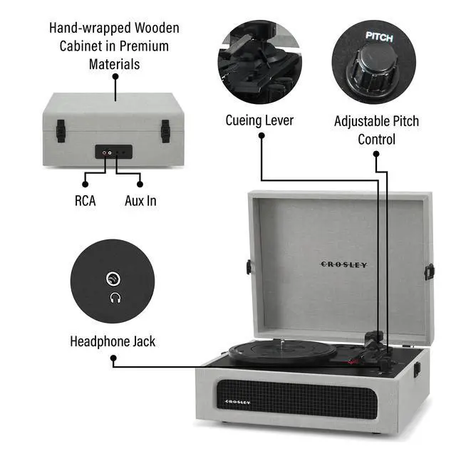 Alt view image 3 of 4 - CR8017B-GY Voyager Vintage Portable Vinyl Record Player Turntable with Bluetooth in/Out and Built-in Speakers, Gray