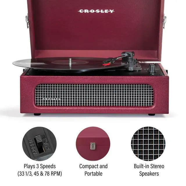 Alt view image 2 of 4 - CR8017B-BU Voyager Vintage Portable Vinyl Record Player Turntable with Bluetooth in/Out and Built-in Speakers, Burgundy