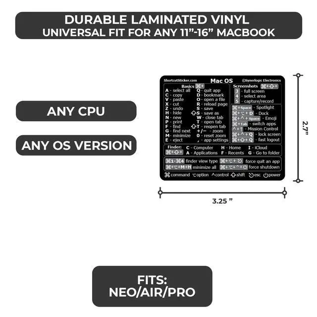 Alt view image 2 of 4 - 100 pcs (Universal/Neo/Air/Pro) Mac OS Reference Keyboard Shortcut Sticker, Laminated Vinyl - for MacBook/iMac/Mini (Black/Pack of 100)