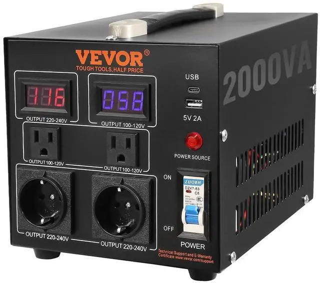 Main image of Voltage Converter Transformer, 2000W, Heavy Duty Step Up/Down Transformer, Convert from 110 Volt to 220 Volt and from 220 Volt to 110 Volt, with US Outlet EU Outlet 5V USB Port, CE Certified