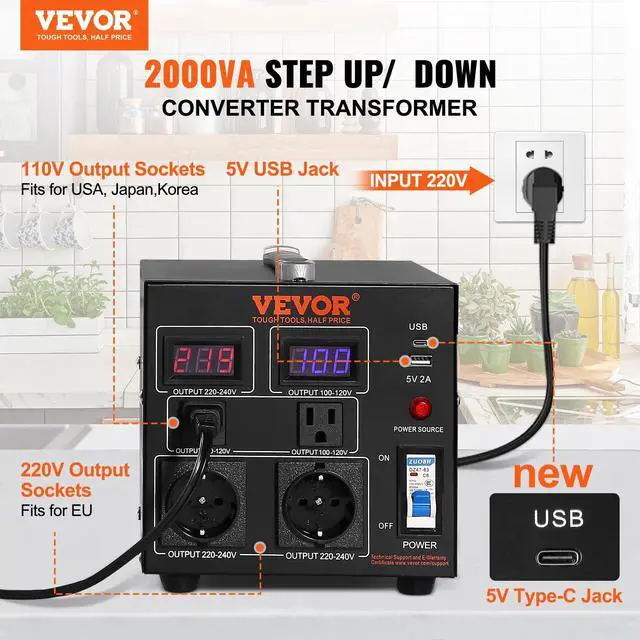 Alt view image 2 of 4 - Voltage Converter Transformer, 2000W, Heavy Duty Step Up/Down Transformer, Convert from 110 Volt to 220 Volt and from 220 Volt to 110 Volt, with US Outlet EU Outlet 5V USB Port, CE Certified