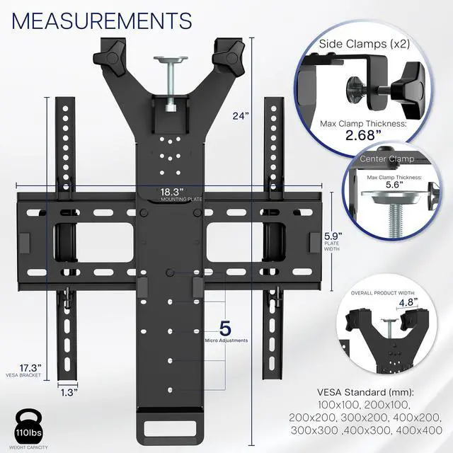 Alt view image 3 of 4 - TV Hanger Bracket for 42 to 75 inch Flat and Curved Screens, Light Weight Steel Design, Height Adjustable Cross Bar, Loft Bed, Thin Door TV Mount, Max VESA 400x400, Black, MOUNT-TV02LB