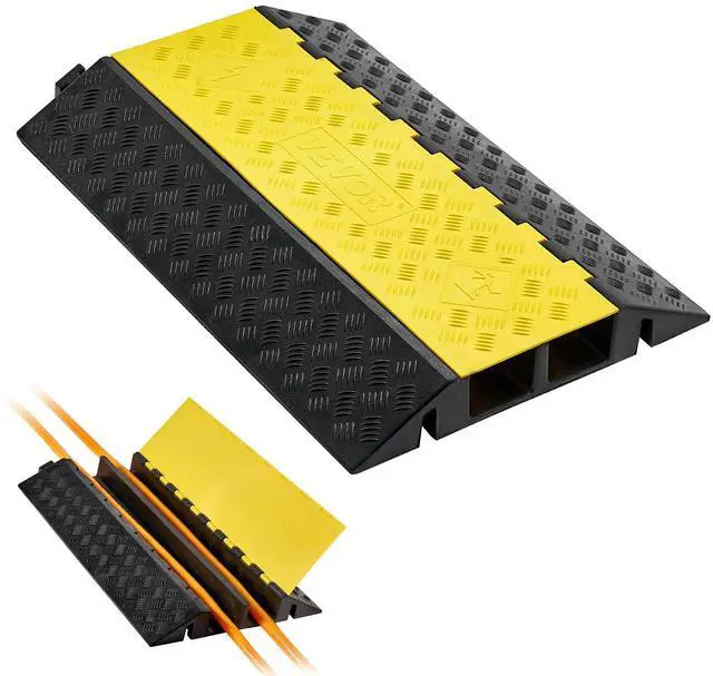 Main image of Cable Protector Ramp, 22,000 lbs/axle Capacity, 2 Channel Heavy Duty Rubber Cord Hose Wire Cover, 4 x 3 in Channel, Traffic Speed Bump with Flip-Open Top Cover, for Indoor Outdoor Use, 1 Pack