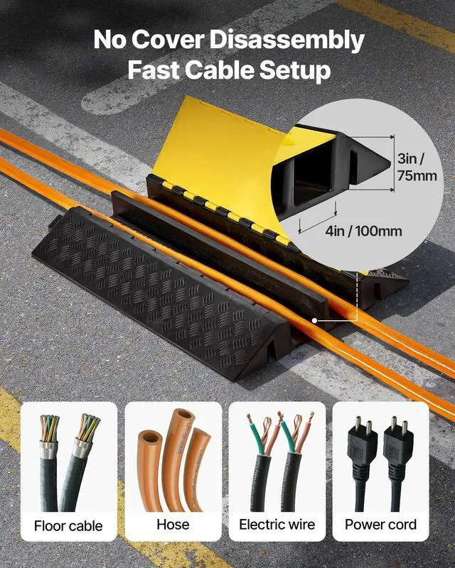 Alt view image 4 of 4 - Cable Protector Ramp, 22,000 lbs/axle Capacity, 2 Channel Heavy Duty Rubber Cord Hose Wire Cover, 4 x 3 in Channel, Traffic Speed Bump with Flip-Open Top Cover, for Indoor Outdoor Use, 1 Pack