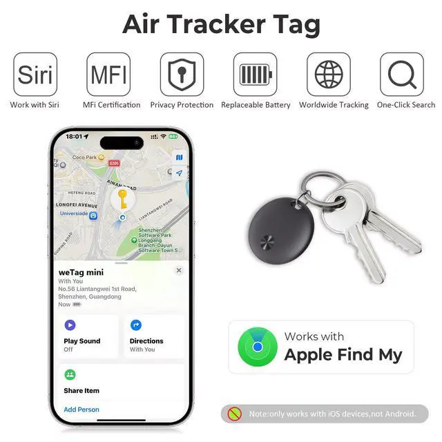 Alt view image 2 of 4 - Tracker Tags- 4 Pack, Bluetooth Trackers Works with Apple Find My APP (iOS Only), 92 dB Sound, Replaceable Battery, Smart Tracking Tag Keys Finder and Item Locator for Keys, Bags, Luggage, Wallet, etc
