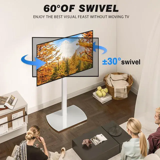 Alt view image 2 of 4 - Universal TV Floor Stand with Mount for 27-70 Inch LCD LED OLED TVs, Swivel Height Adjustable Tall TV Stand, Space Saving Design for Corner Bedroom Living Room, White