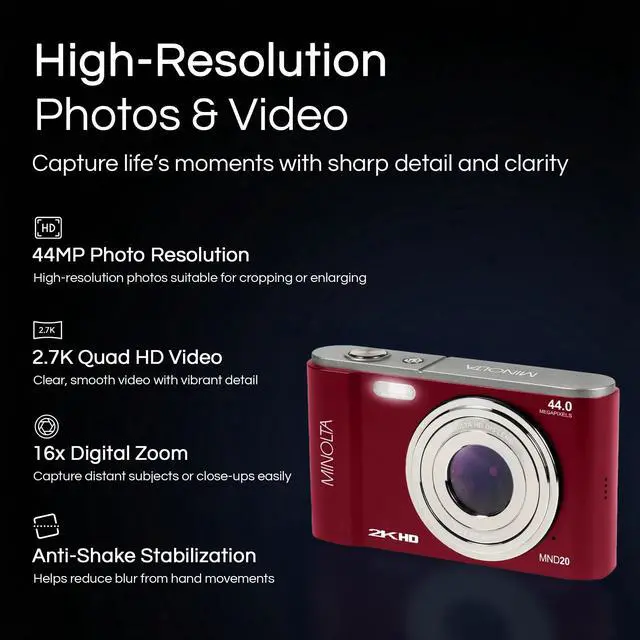 Alt view image 2 of 4 - MND20 44MP Digital Camera 2.7K Ultra HD Video, 16X Digital Zoom, Anti-Shake Stabilization, Time Lapse, Face Detection, 2.9-inch LCD Display Lightweight Compact Camera (Red)