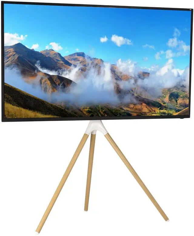 Main image of Artistic Easel 45 to 65 inch LED LCD Screen, Studio TV Display Stand, Adjustable TV Mount with Swivel and Tripod Base, White Bracket, Light Wood Legs, STAND-TV65AW