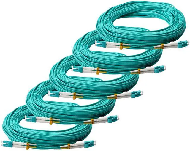 Main image of trueCABLE LC to LC OM3 Fiber Patch Cable, 20m (65.61ft), UPC Polish, 10GB Multimode (MM) Duplex 50/125um, Riser Rated (OFNR), UL Listed, 5 Pack, Aqua