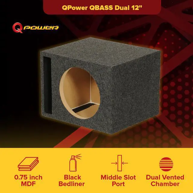 Alt view image 2 of 4 - QPower Single Car Audio Subwoofer Box with Vented Design, Fits Most 12-Inch Subwoofers Deep Bass MDF Enclosure for with Charcoal Gray Carpet, Tuned to 42 Hertz, 1.65 Cu Ft Air Space