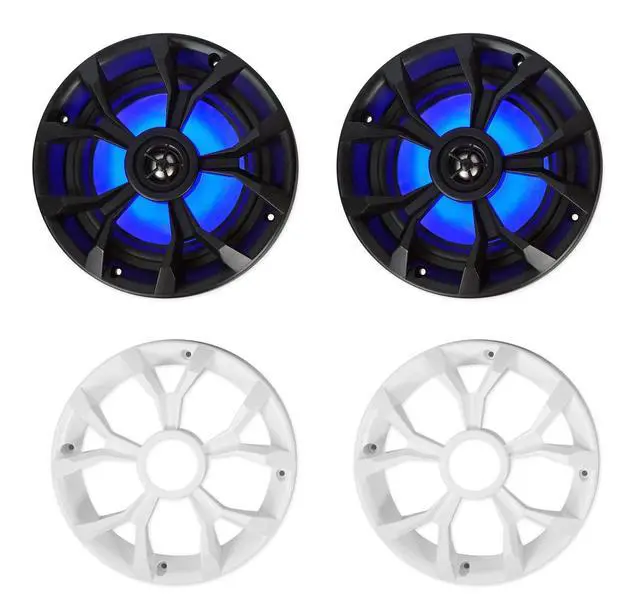 Alt view image 2 of 4 - RKL65MBW (2) 6.5" 700W Marine Speakers, 4 Ohm, LED Lights, CEA Compliant, Coaxial, Waterproof, Black/White Grilles for Boats, ATVs, UTVs