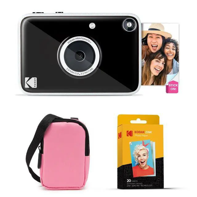 Main image of Printomatic+ Instant Print Digital Camera Starter Bundle + Carrying Case (Pink) + Zink 20pk Sticky-Back Photo Paper - 10MP, Full-Color Photos, GB LED Status Indicator - Black