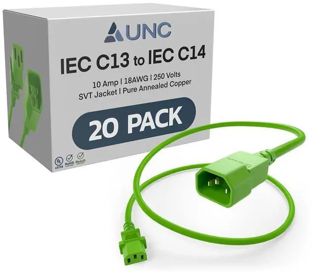 Main image of 20 Pack 5ft PDU Power Cable C13 to C14 10Amp 18AWG 250V SVT Jacket UL Listed, Green, 5 Foot