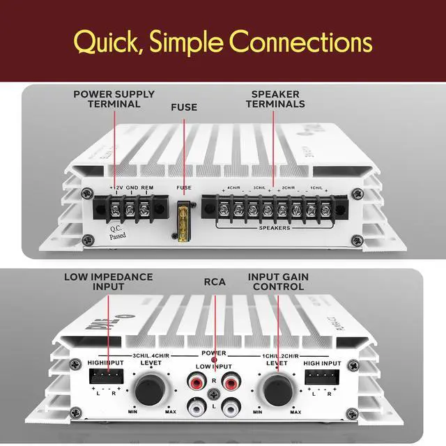 Alt view image 2 of 4 - Hydra Marine 400W 4-Channel Amplifier - Waterproof with Dual MOSFET Power Supply - GAIN level Controls - RCA Input - LED Indicator - Compact Design for Boat/Vehicle Audio - PLMRA402