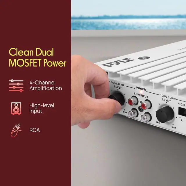 Alt view image 4 of 4 - Hydra Marine 400W 4-Channel Amplifier - Waterproof with Dual MOSFET Power Supply - GAIN level Controls - RCA Input - LED Indicator - Compact Design for Boat/Vehicle Audio - PLMRA402