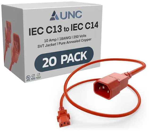 Main image of 20 Pack 4.5ft PDU Power Cable C13 to C14 10Amp 18AWG 250V SVT Jacket UL Listed, Red, 4.5 Foot
