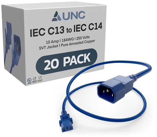 Main image of PDU Power Cable C13 to C14, 4.5 Foot - 20 Pack Blue, 10 Amp - SJT 250V, UL Listed, 18AWG IEC Extension Cord, Reliable Server Rack Power Cable for PDU, UPS, Network Equipment, Data Centers