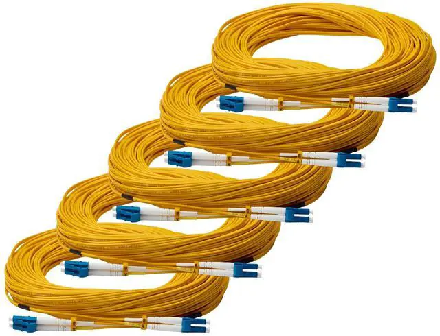 Main image of trueCABLE LC to LC OS2 Fiber Patch Cable, 25m (82.20ft), UPC Polish, 200GB Singlemode (SM) Duplex 9/125um, Riser Rated (OFNR) UL Listed, 5 Pack, Yellow