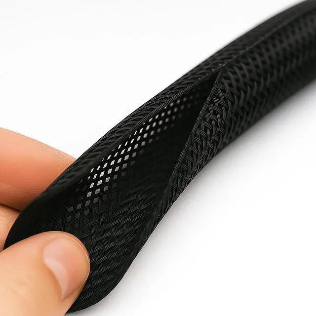 Alt view image 2 of 4 - 1" Hook Self Closing Sleeve Braid Wrap Around Sleeving Flame Retardant Flexible Mesh Cord Cover Cable Protector Wire Organizer - 50 Feet - Black