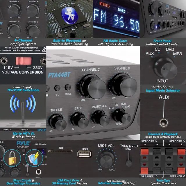 Alt view image 3 of 4 - 500W Karaoke Amplifier with Bluetooth - 4 Channel Stereo Output, Front Panel Aux In, MIC1 / MIC2, Mic Vol with Echo / Talk Over, USB-A, SD/MMC, Sub Out, Rec Out - Home / Commercial -PTA44BT.5