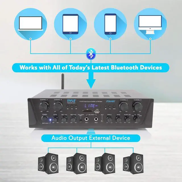 Alt view image 4 of 4 - 500W Karaoke Amplifier with Bluetooth - 4 Channel Stereo Output, Front Panel Aux In, MIC1 / MIC2, Mic Vol with Echo / Talk Over, USB-A, SD/MMC, Sub Out, Rec Out - Home / Commercial -PTA44BT.5