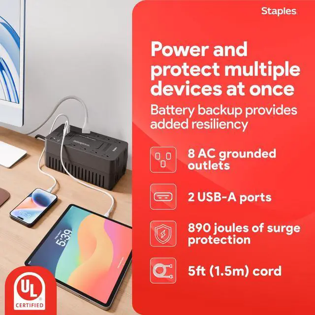 Alt view image 2 of 4 - 650VA UPS Battery Backup with 8 Outlets Standby Power Supply & Surge Protection for Computers, Routers & Home Office Electronics, Black