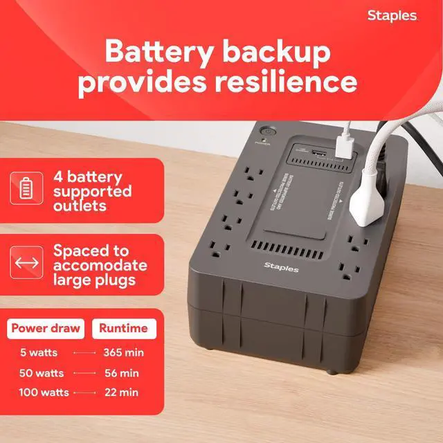 Alt view image 4 of 4 - 650VA UPS Battery Backup with 8 Outlets Standby Power Supply & Surge Protection for Computers, Routers & Home Office Electronics, Black