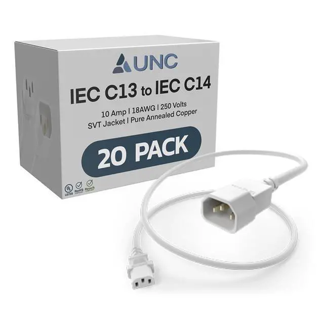 Main image of 20 Pack 3ft PDU Power Cable C13 to C14 10Amp 18AWG 250V SVT Jacket UL Listed, White, 3 Foot