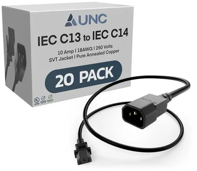 Main image of PDU Power Cable C13 to C14, 3.5 Foot - 20 Pack Black, 10 Amp - SJT 250V, UL Listed, 18AWG IEC Extension Cord, Reliable Server Rack Power Cable for PDU, UPS, Network Equipment, Data Centers
