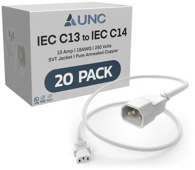 Main image of 20 Pack 2ft PDU Power Cable C13 to C14 10Amp 18AWG 250V SVT Jacket UL Listed, White, 2 Foot