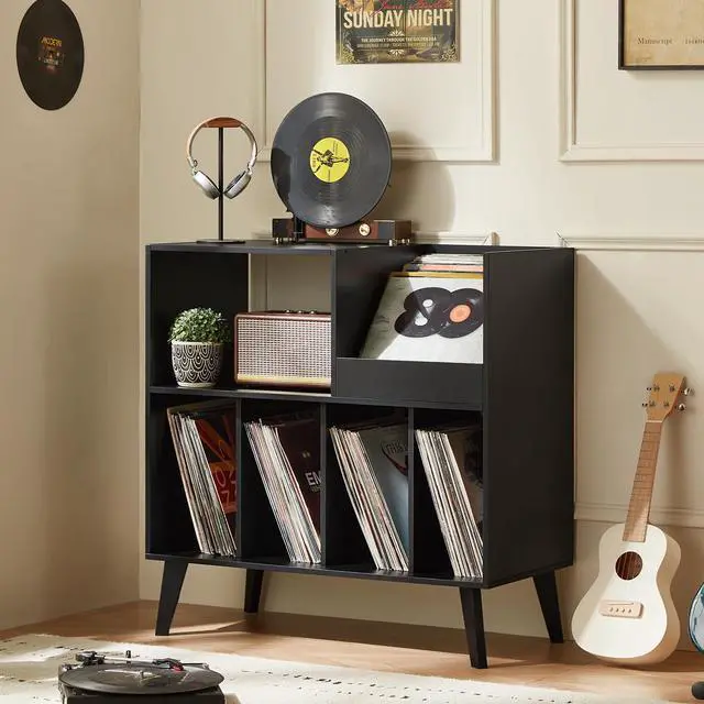 Main image of Large Record Player Stand, Turntable Stand with Storage, Vinyl Record Holder with Display Area, Record Player Table Holds Up to 300 Albums, Record Stand for Music room Living Room-Reto Black