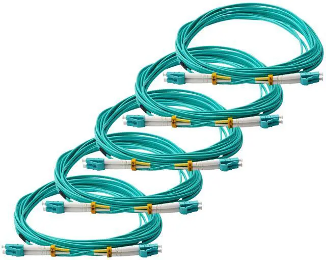 Main image of trueCABLE LC to LC OM4 Fiber Patch Cable, 10m (32.80ft), UPC Polish, 100GB Multimode (MM) Duplex 50/125um, Riser Rated (OFNR), UL Listed, 5 Pack, Aqua
