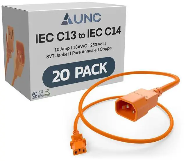 Main image of 20 Pack 1ft PDU Power Cable C13 to C14 10Amp 18AWG 250V SVT Jacket UL Listed, Orange, 1 Foot