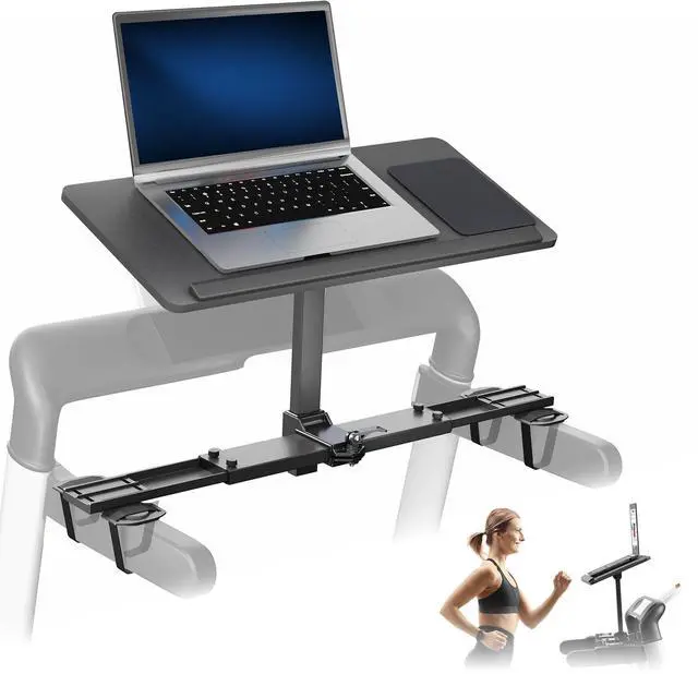 Main image of Wooden Laptop Treadmill Desk, Tilting Ergonomic Notebook Mount Stand with Mouse Pad and Wrist Support, Fits Both Round and Square Handlebars, Black, STAND-TDML4R
