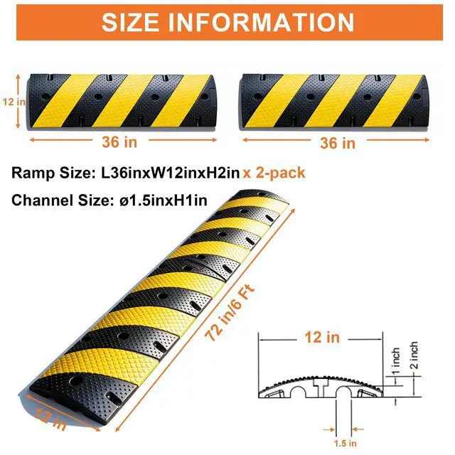 Alt view image 2 of 4 - 6Ft Rubber Speed Bumps for Driveway, 2" High Heavy Duty Speed Humps with Dual Cable Channels and Drainage, Interlocking Portable Speed Bump with Mounting Bolts(36Inch x 2 Pack)