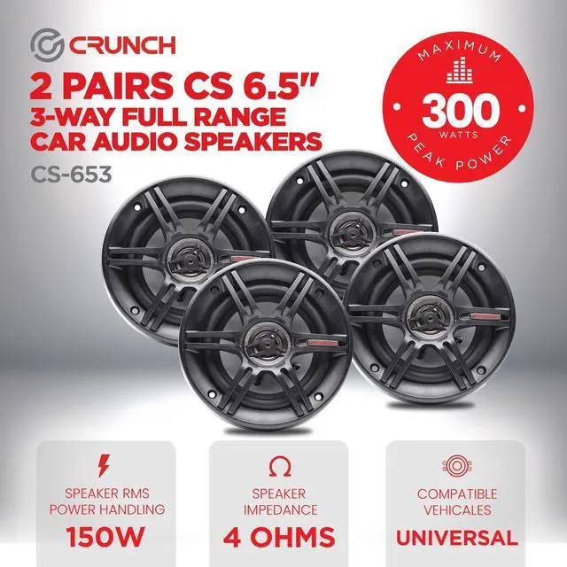 Alt view image 2 of 4 - 2 Pair 6.5 Inch Car Audio Speakers, 300 Watt MAX 3 Way Full Range Speaker Set with 1 Inch Tweeter & Spade Terminal Connectors, CS-653
