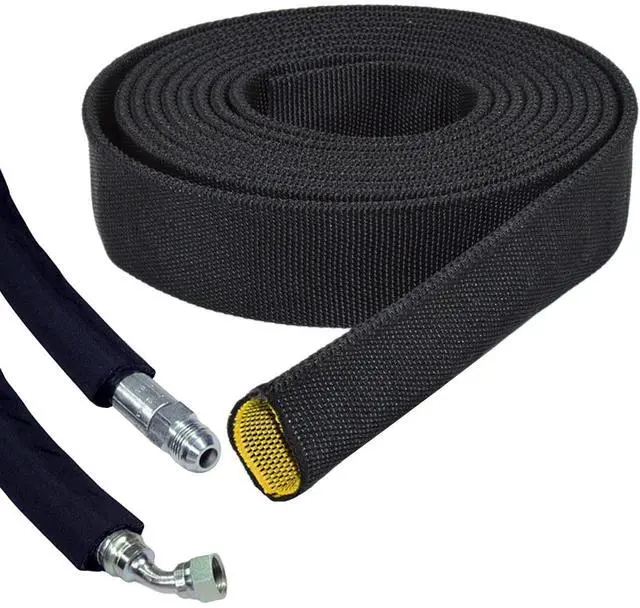 Main image of 1/2" Hydraulic Hose Burst Protection Sleeving Nylon Hose Guard Protector Sleeve - 50 Feet - Black with Yellow Inner Liner