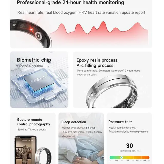 Alt view image 2 of 4 - Smart Ring for Women & Men, Health Tracker with Blood Oxygen Monitor, Heart Rate & Sleep Monitor, 5-7 Days Battery, Waterproof Fitness Ring, Black, Size #8